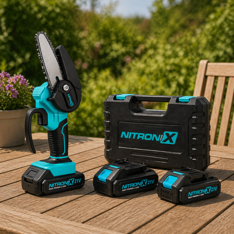 Akumulátorová ruční mini pilka NITRONIX 4792 + 2x baterie + 2x lišta + 2x řetěz