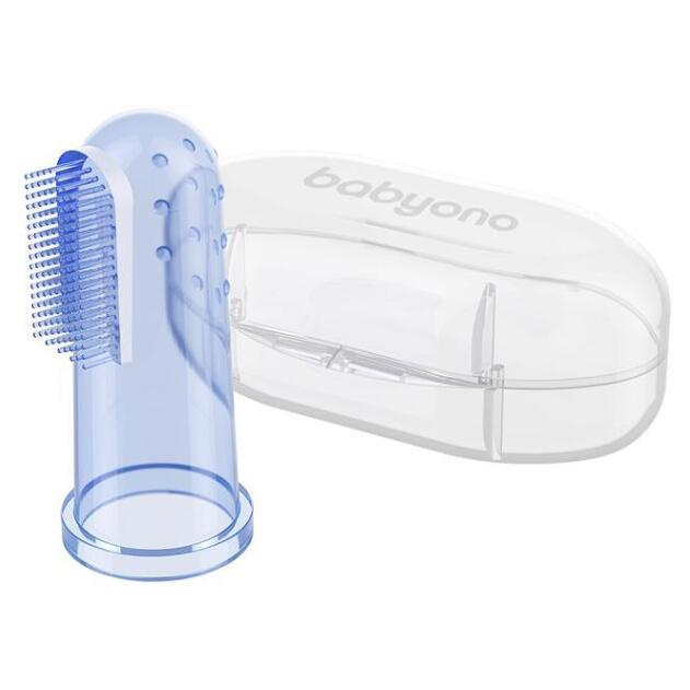 BabyOno Take Care First Toothbrush dětský zubní kartáček na prst s pouzdrem Blue 1 ks