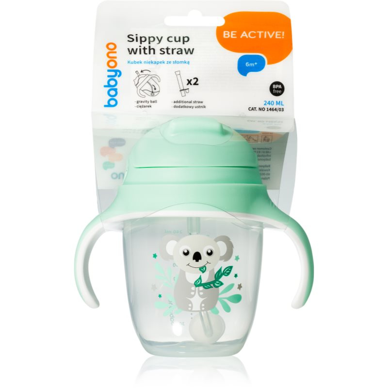 BabyOno Be Active Sippy Cup with Weighted Straw tréninkový hrnek s brčkem 6 m+ Koala 240 ml