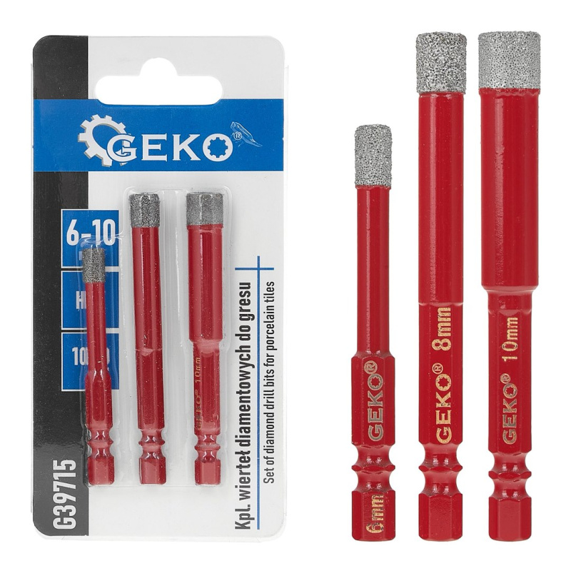 GEKO Sada 3 ks diamantových vrtáků na dlaždice 6–10 mm HEX
