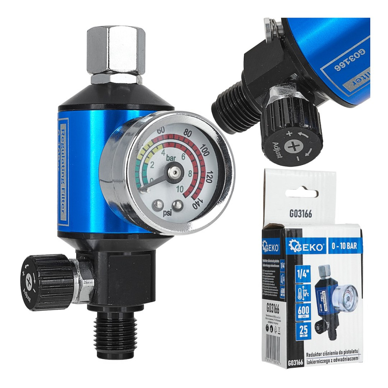 Regulátor tlaku pro stříkací pistoli, s manometrem a odlučovačem vody, 1/4" - GEKO