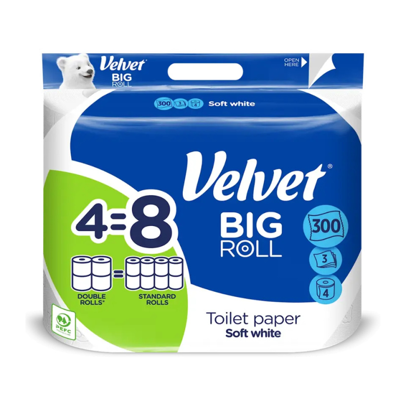 Velvet ecoROLL Soft White - toaletní papír - 3vrstvý, 300 útržků, 4 ks
