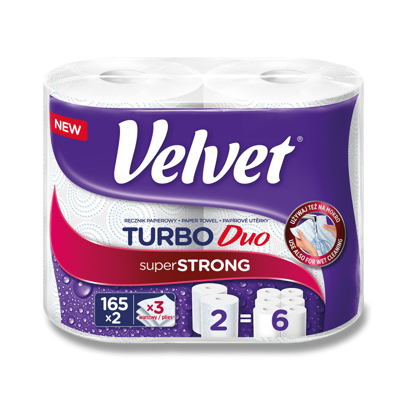 Velvet Turbo - papírové kuchyňské utěrky - 3vrstvé, 165 útržků, 2 role