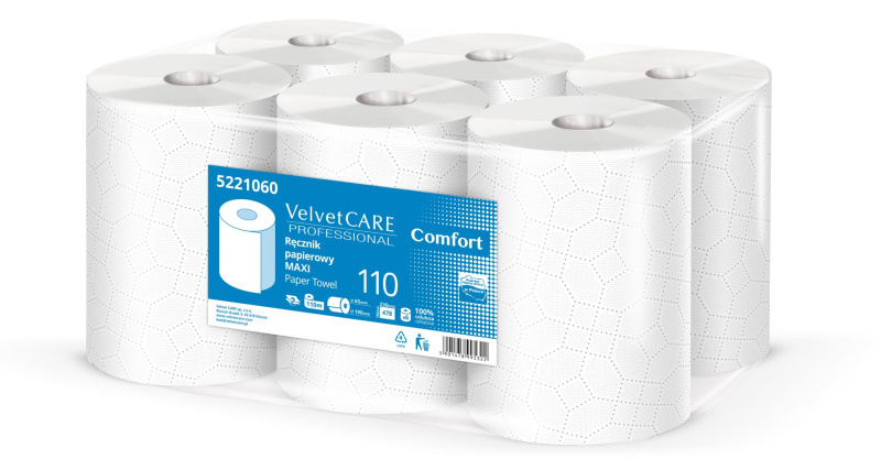 Velvet CARE Papírové ručníky v roli Velvet Professional - 2vrstvé, bílé, 110 m, 6 rolí