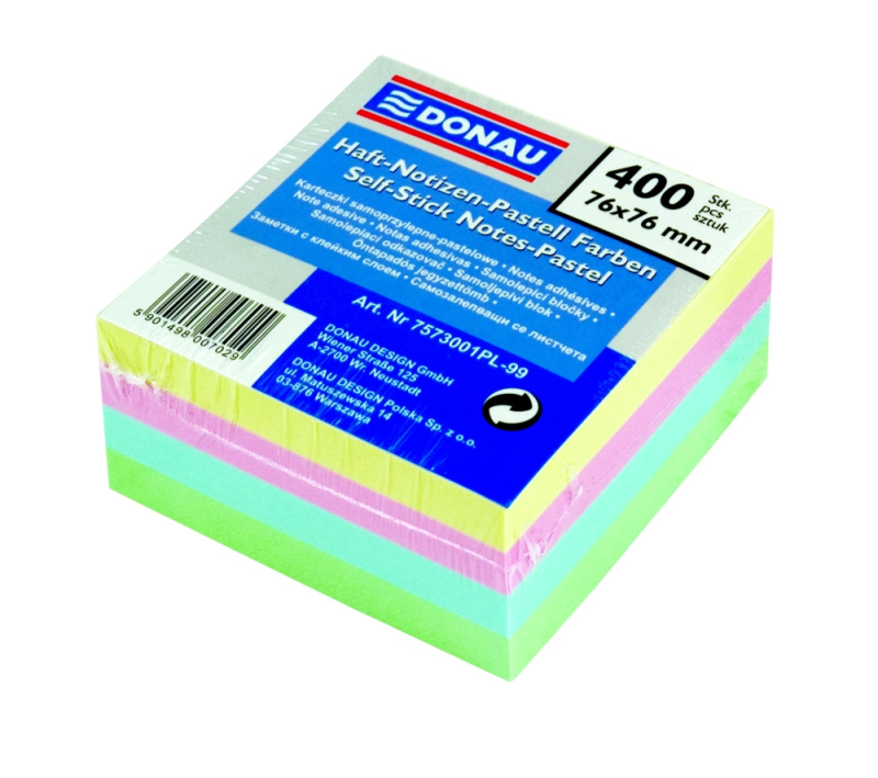 Samolepicí bloček Donau - 76x76 mm, 400 l., mix pastelových barev