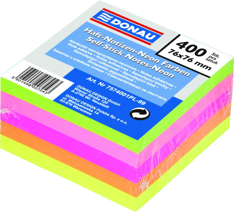 Samolepicí bloček Donau - 76 x 76 mm, mix neonových barev