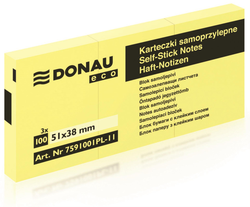Bloček samolepící Donau 38x51 mm, 3 x 100l., "ECO" žlutý