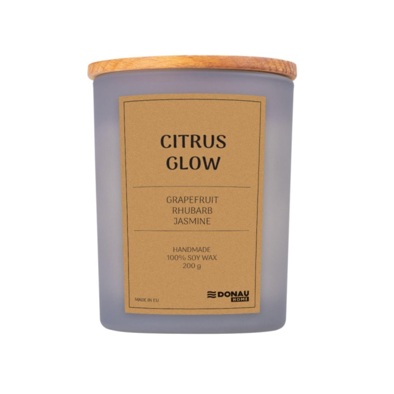 Sójová svíčka ve skle, dřevěné víčko a knot, Citrus Glow, 200g