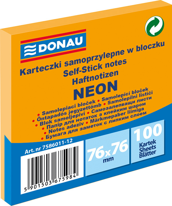 Samolepicí bloček Donau - 76 x 76 mm, neonový oranžový, 100 lístků