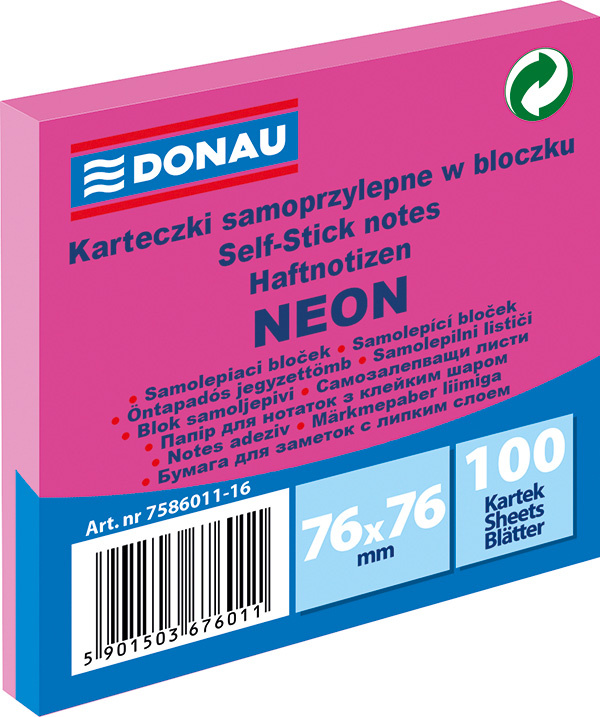 Samolepicí bloček Donau - 76 x 76 mm, neonový růžový, 100 lístků