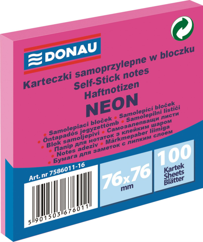 Samolepicí bloček Donau - 76 x 76 mm, neonový růžový, 100 lístků