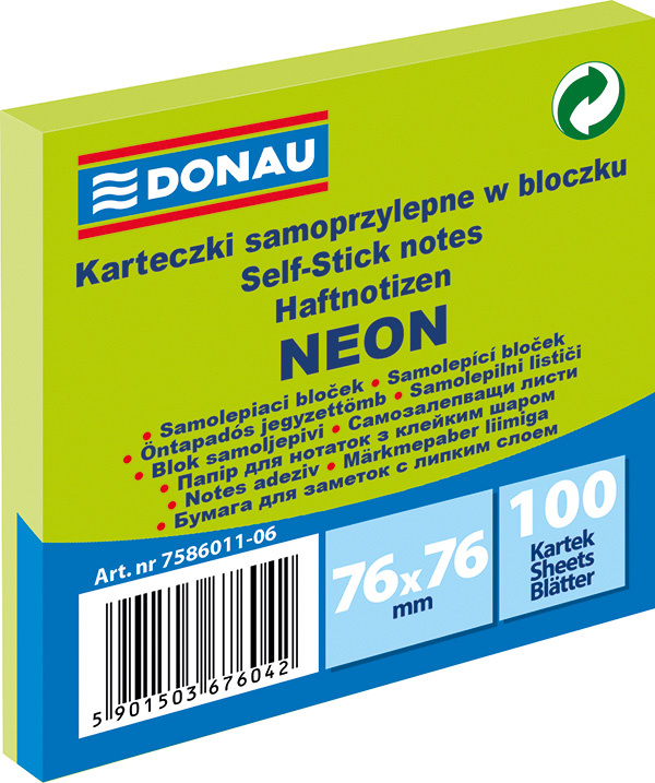 Samolepicí bloček Donau - 76 x 76 mm, 100 l, neonový zelený