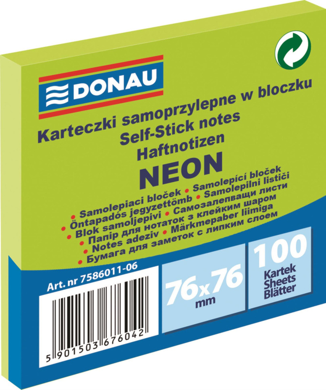 Samolepicí bloček Donau - 76 x 76 mm, 100 l, neonový zelený