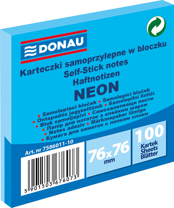 Samolepicí bloček Donau - 76 x 76 mm, 100 l, neonový modrý