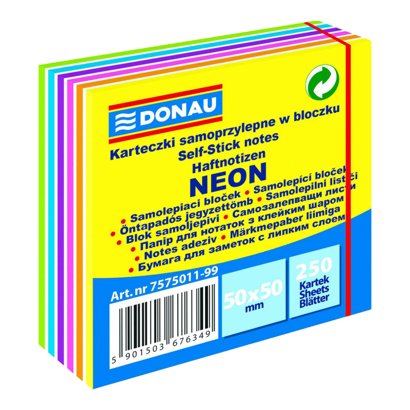 Samolepicí bloček Donau mini - 50x50 mm, 250 l., neonové barvy