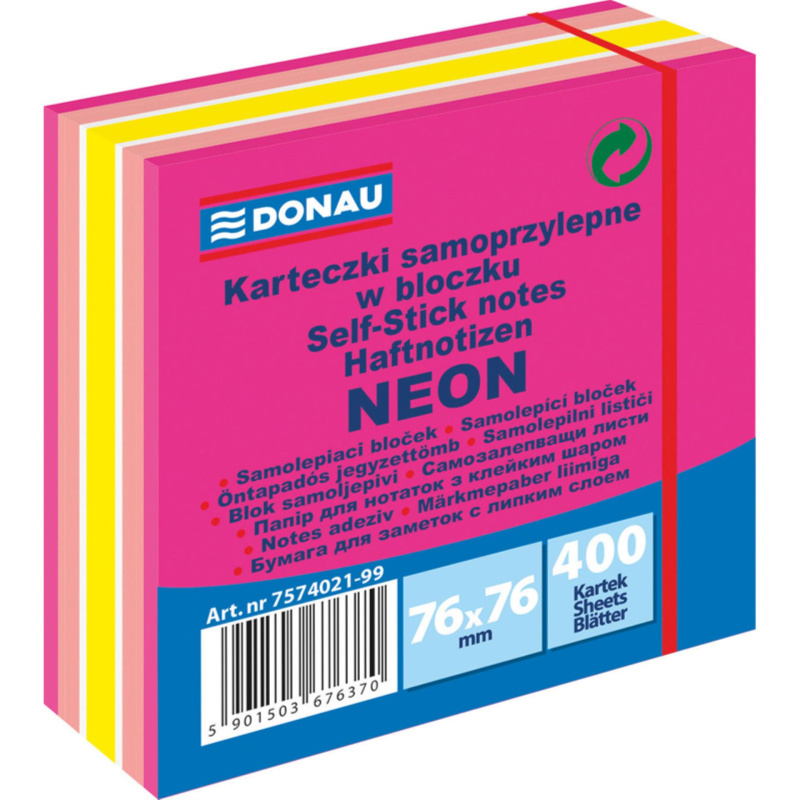 Samolepicí bloček Donau - 76x76 mm, 400 l., mix růžových odstínů