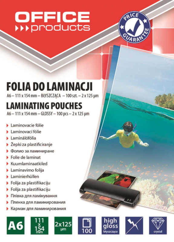 Laminovací kapsy OFFICE PRODUCTS A6,125 mic, lesklá,100 ks