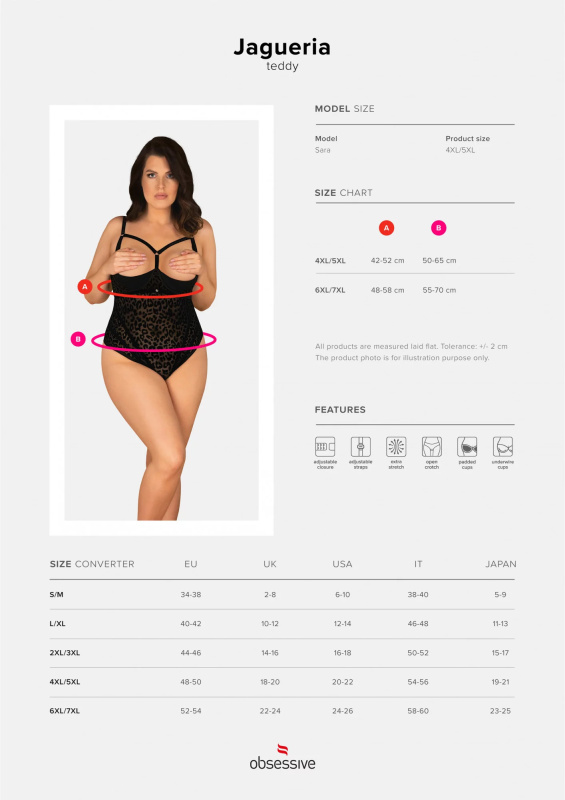 Sexy body Jagueria teddy - Obsessive 6XL/7XL černá