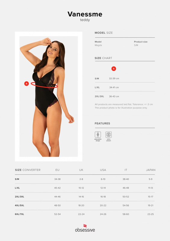 Body Obsessive Vanessme teddy - výprodej Barva: Černá, Velikost: 2XL/3XL