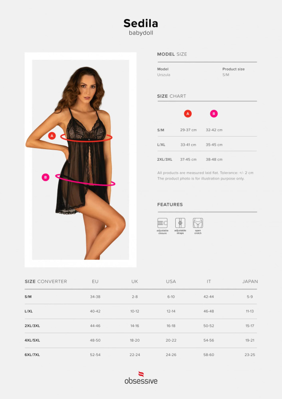 Jemná košilka Sedila babydoll - Obsessive 2XL/3XL černá