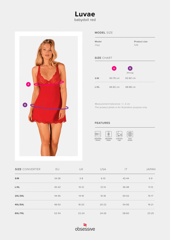 Košilka Obsessive Luvae babydoll Barva: Červená, Velikost: L/XL
