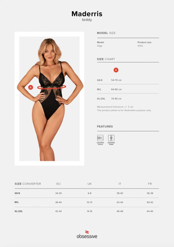 Body Obsessive Maderris teddy - výprodej Barva: Černá, Velikost: XL/2XL