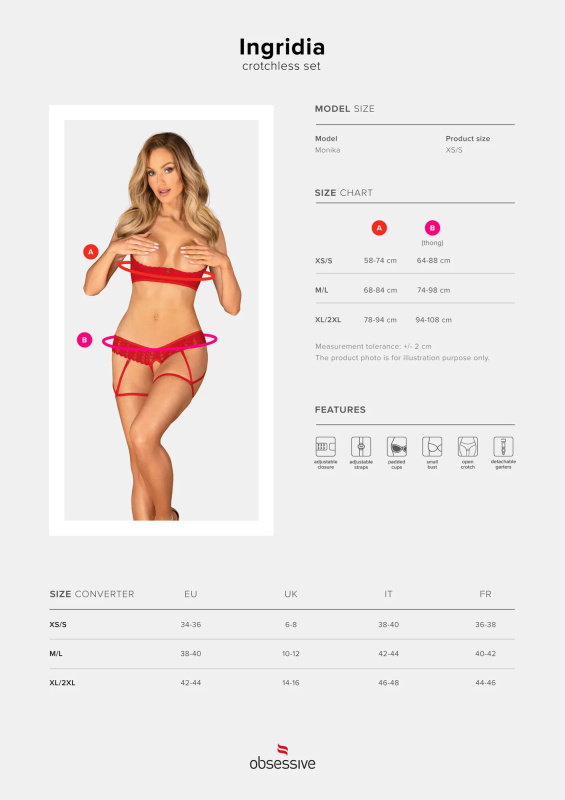 Set Obsessive Ingridia 2-pcs crotchless set Barva: Červená, Velikost: XL/2XL