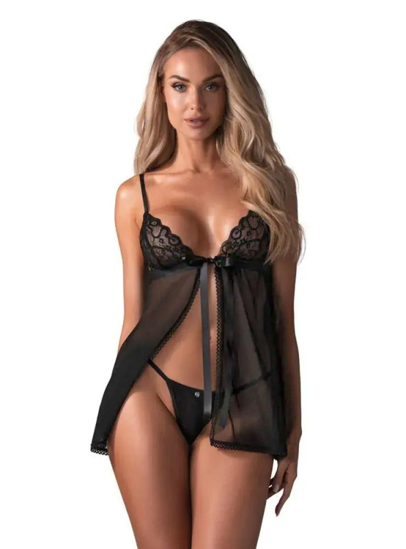 Sada Obsessive Blomentis babydoll & thong - košilka + tanga Barva: Černá, Velikost: M/L