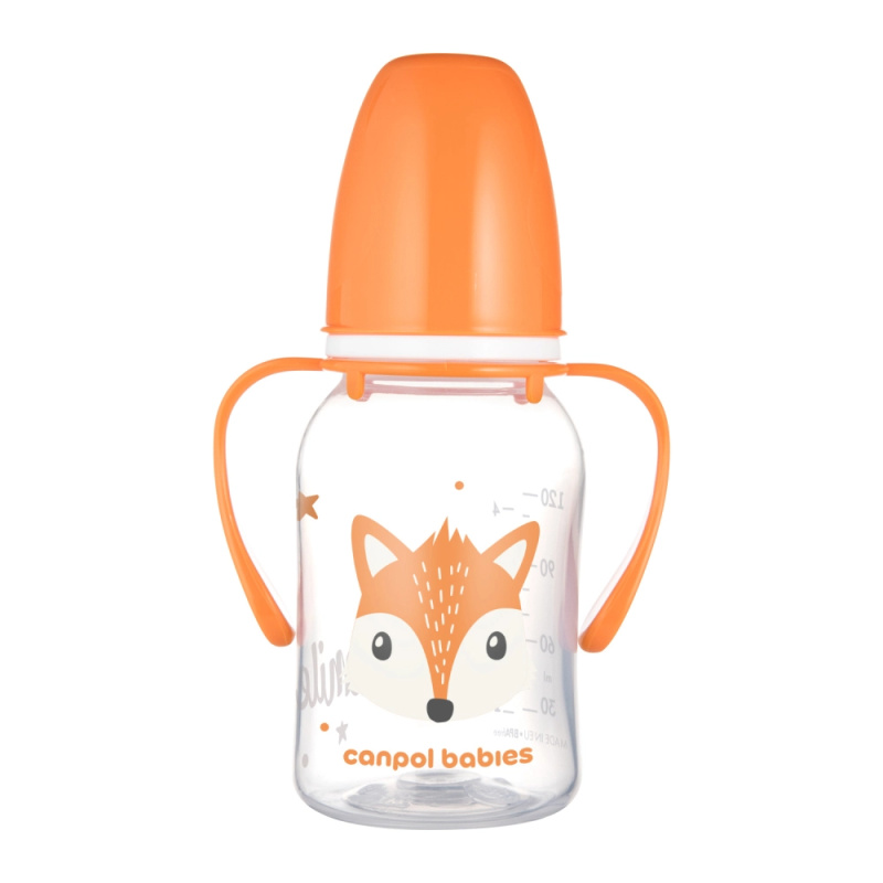 Canpol babies úzkohrdlá kojenecká lahev s úchyty CUTE ANIMALS 120 ml – liška