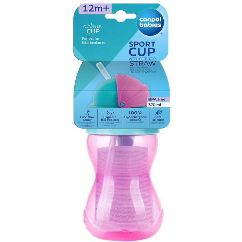 Canpol babies Láhev sportovní se slámkou 370 ml, růžová