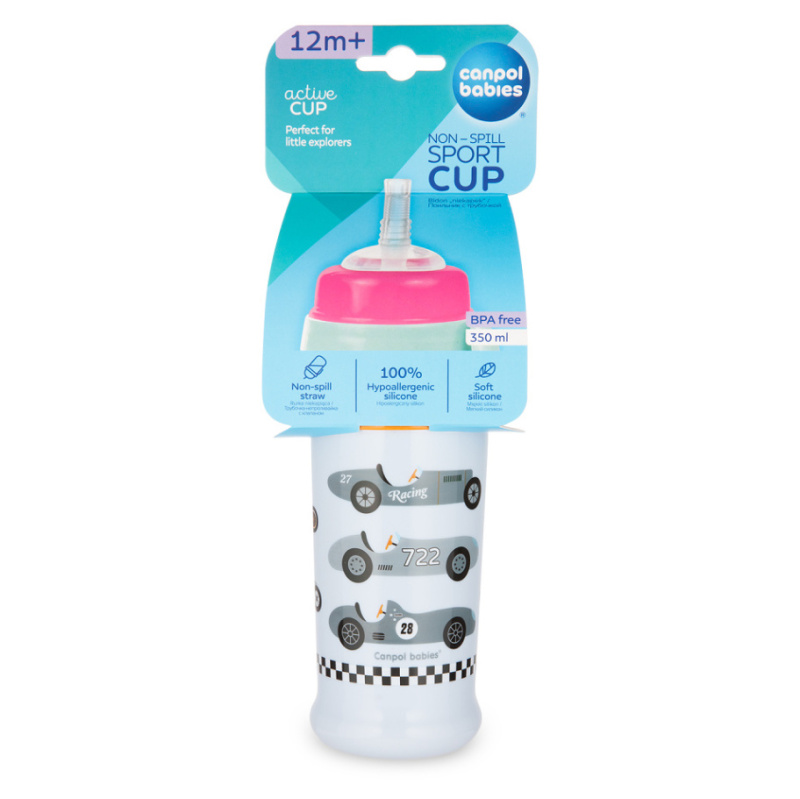 CANPOL BABIES Láhev sportovní s nevylévací slámkou AUTA 350ml sv.modrá