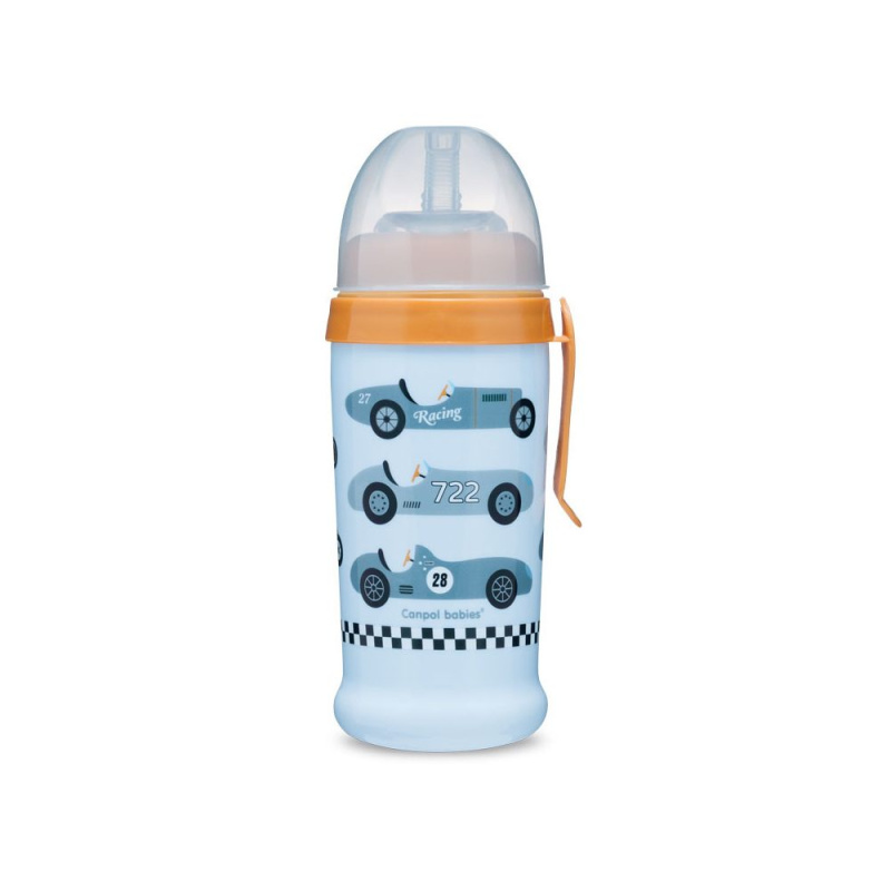 CANPOL BABIES Láhev sportovní s nevylévací slámkou AUTA 350ml sv.modrá