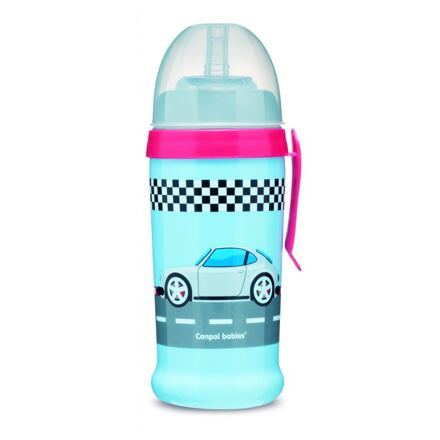 CANPOL BABIES Láhev sportovní s nevylévací slámkou AUTA 350ml tm.modrá
