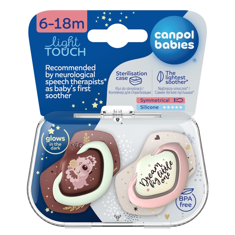 Canpol babies Set symetrických silikonových dudlíků Light touch 6-18m SLEEPY KOALA růžový