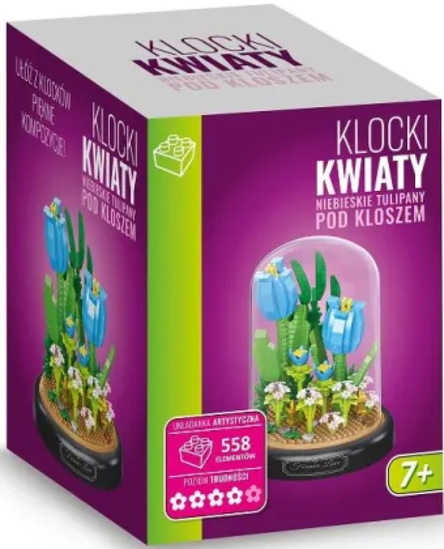 Stavebnice kytice modrých tulipánů pod skleněným kloboukem