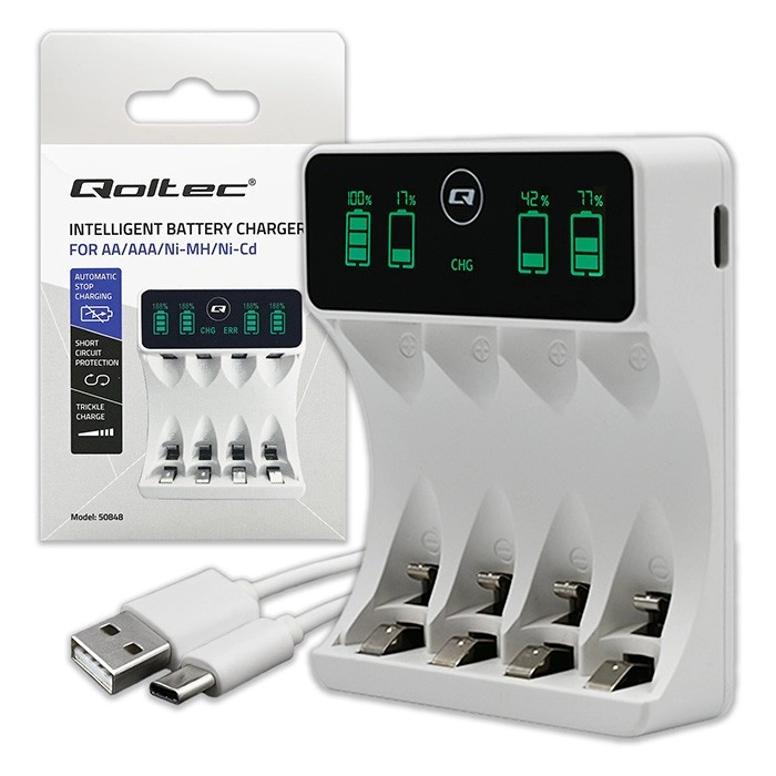 Nabíječka pro akumulátory Ni‑MH AA/AAA s LCD a kabelem USB‑C, bílá