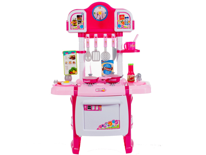 Růžová dětská kuchyňka se zvuky a světly se zástěnou a hodinami