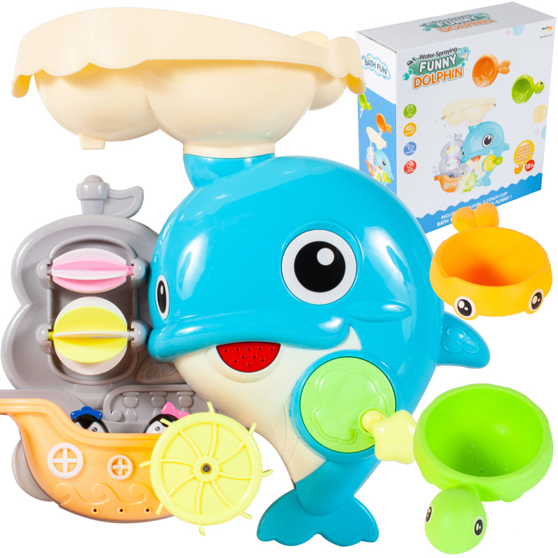 Hračka do koupele delfínek se žlutou a rybkou naběračkou