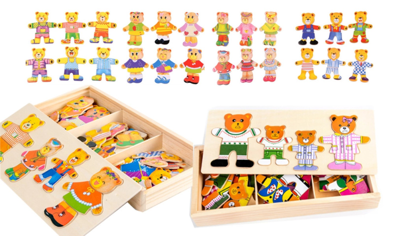 Dřevěná skládačka – oblékání medvídků