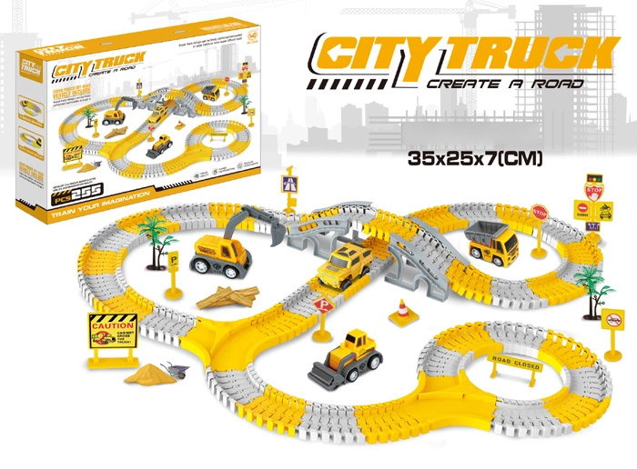 Stavebnice závodní dráhy s pracovními autíčky DIY, 255 dílů