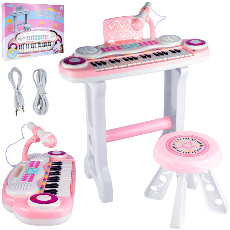 dětské elektronické piano s mikrofonem a taburetem, růžové, MP3/USB