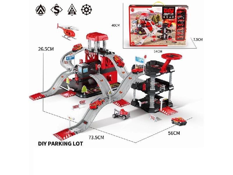 Parkoviště s 6 kovovými auty a helikoptérou