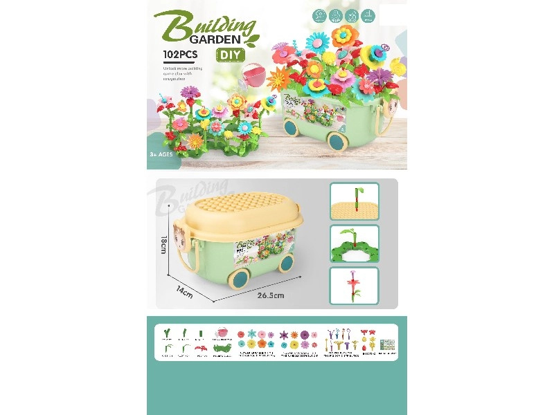 Stavebnice květinky 102 dílů s vozíkem a konvičkou