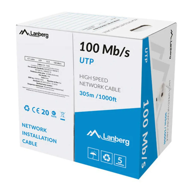 LAN KABEL 100MB/S 305M PEVNÝ CCA ŠEDÝ LANBERG