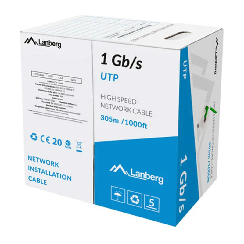LAN KABEL 1GB/S 305M PEVNÝ CCA ZELENÝ LANBERG