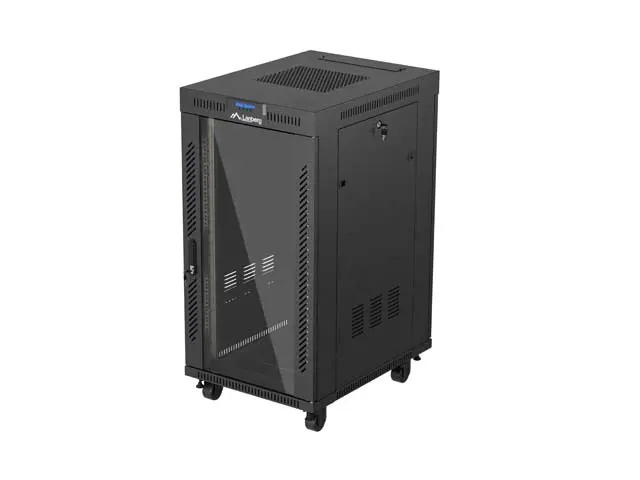 19" VOLNĚ STOJÍCÍ RACKOVÁ SKŘÍŇ 22U 600X800 ČERNÉ SKLENĚNÉ DVEŘE LANBERG (PLOCHÉ BALENÍ) V2