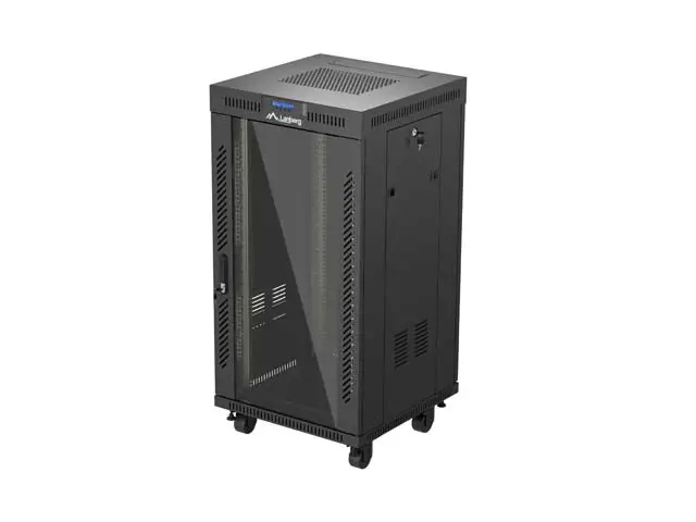 19" VOLNĚ STOJÍCÍ RACKOVÁ SKŘÍŇ 22U 600X600 ČERNÉ SKLENĚNÉ DVEŘE LANBERG (PLOCHÉ BALENÍ) V2