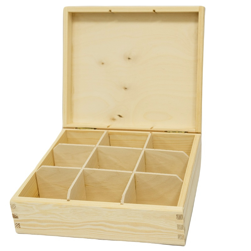 Dřevěná krabička s víkem na čaj s devíti přihrádkami 24x21x8cm