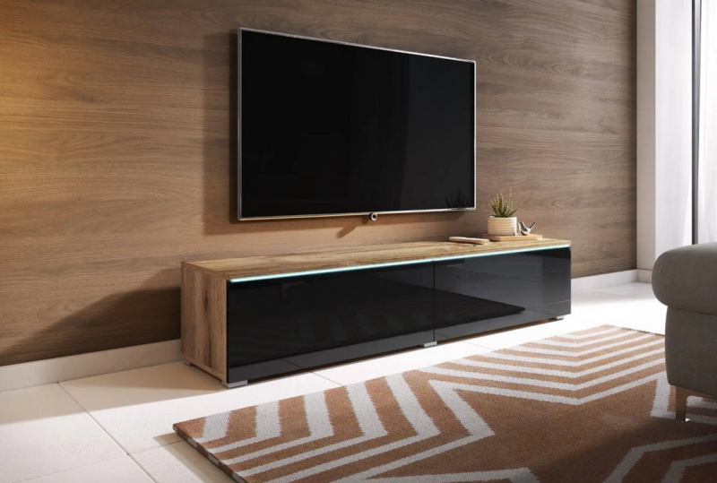 P & B Nízka komoda s LED, dub wotan, vysoce lesklá černá, 140/30/33 cm
