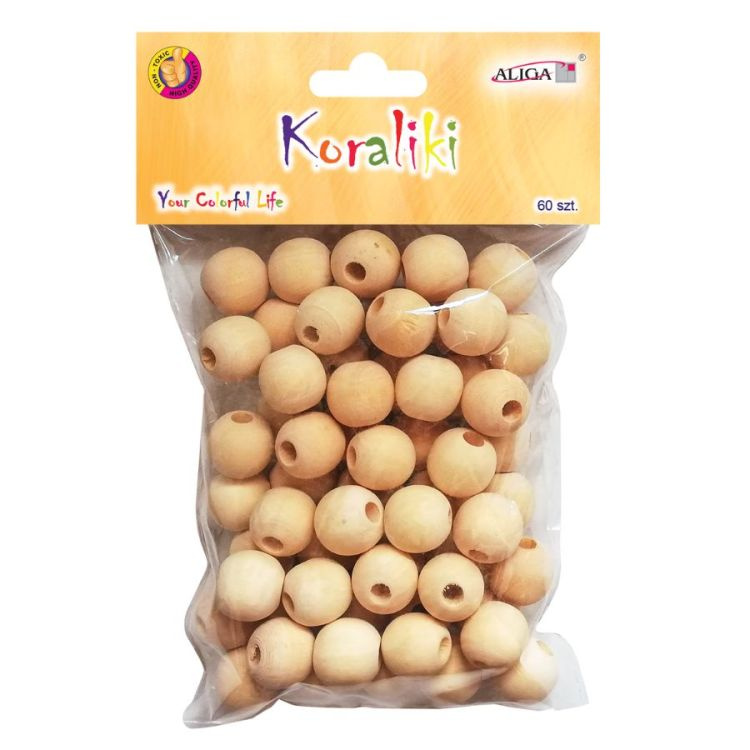 Korálky dřevěné 18mm, 60ks - přírodní